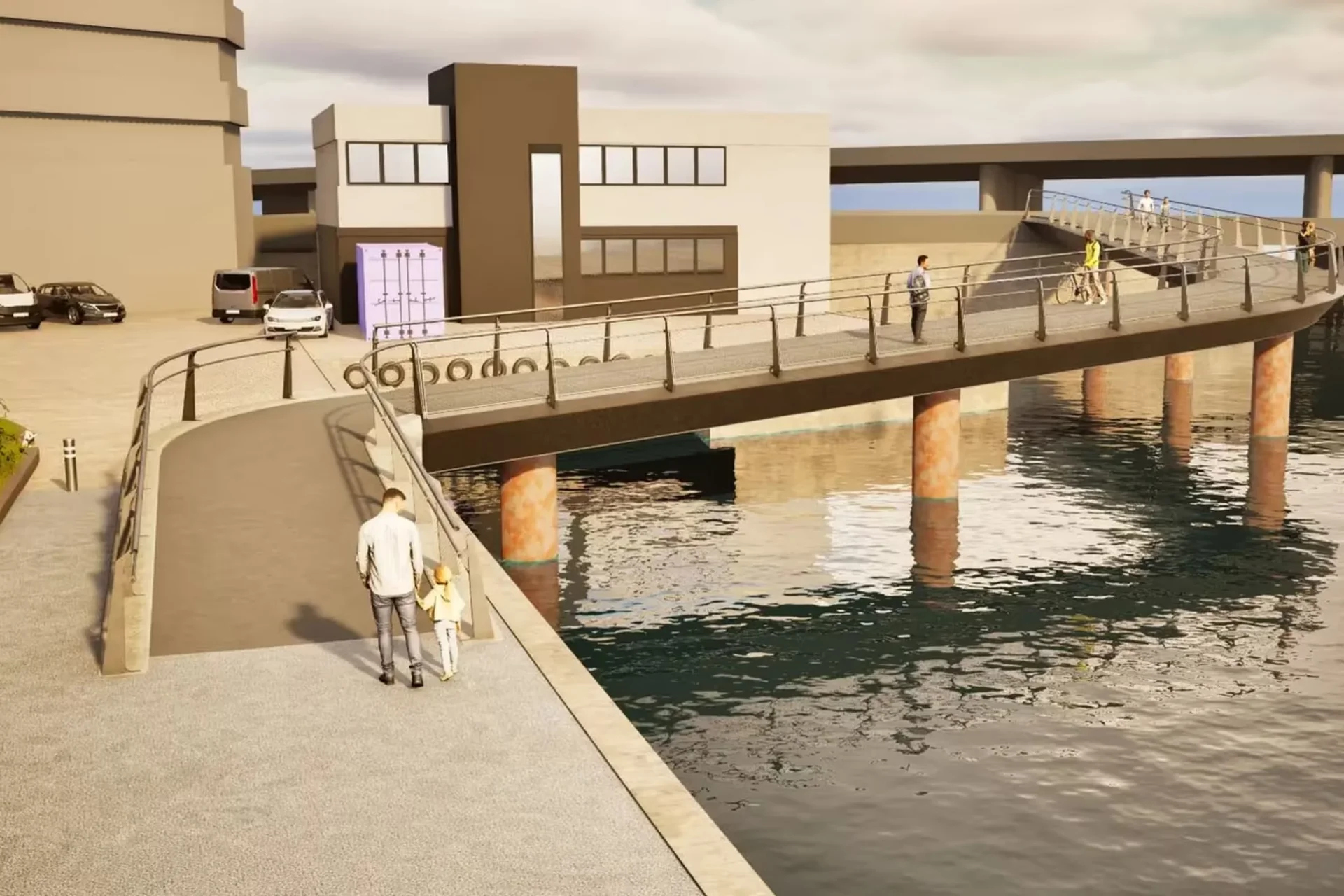 Gang- og sykkelbroen skal etter planen stå ferdig sommeren 2026. Illustrasjon. Leirvik AS