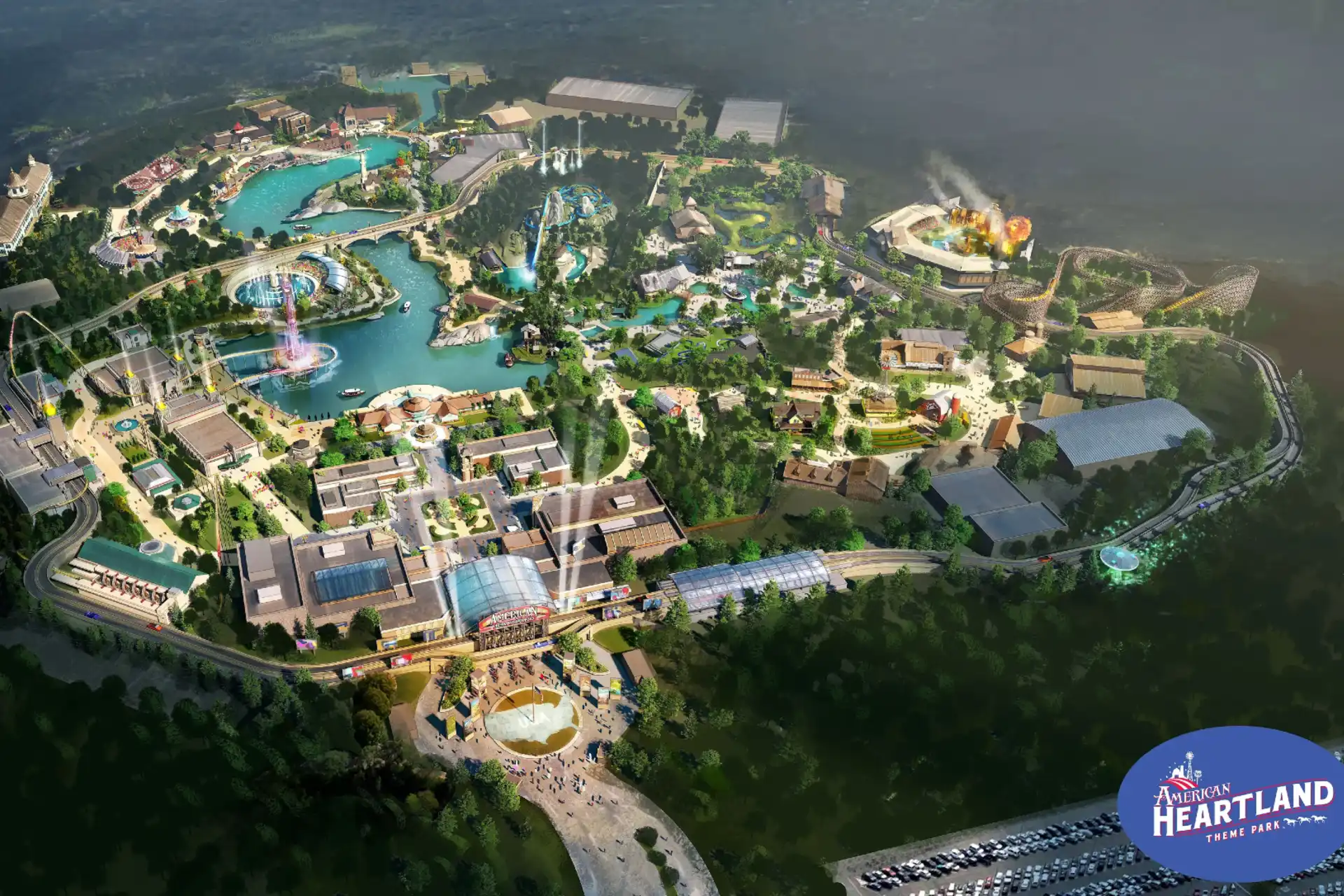 Til tross for storslåtte planer og første spadetak i 2023 ble det kun bygget et gjerde og en grusvei. Illustrasjon: American Heartland.