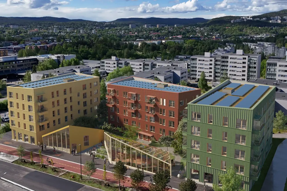 Boliger og nabolagshus i samme OBOS-prosjekt på Furuset i Oslo. Illustrasjon: LPO arkitekter