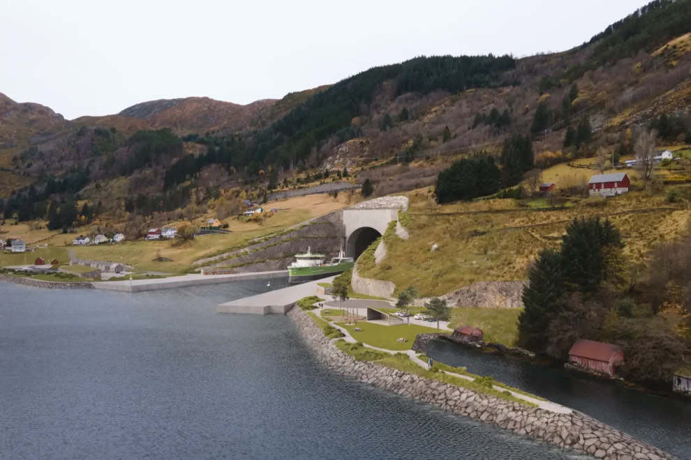 Etter politisk drakamp er det klart at Kystverket skal fullføre anbudsprosessen for skipstunnelen. Her fra tunnelåpningen i Kjøde. Kystverket/Multiconsult/Link Arkitektur