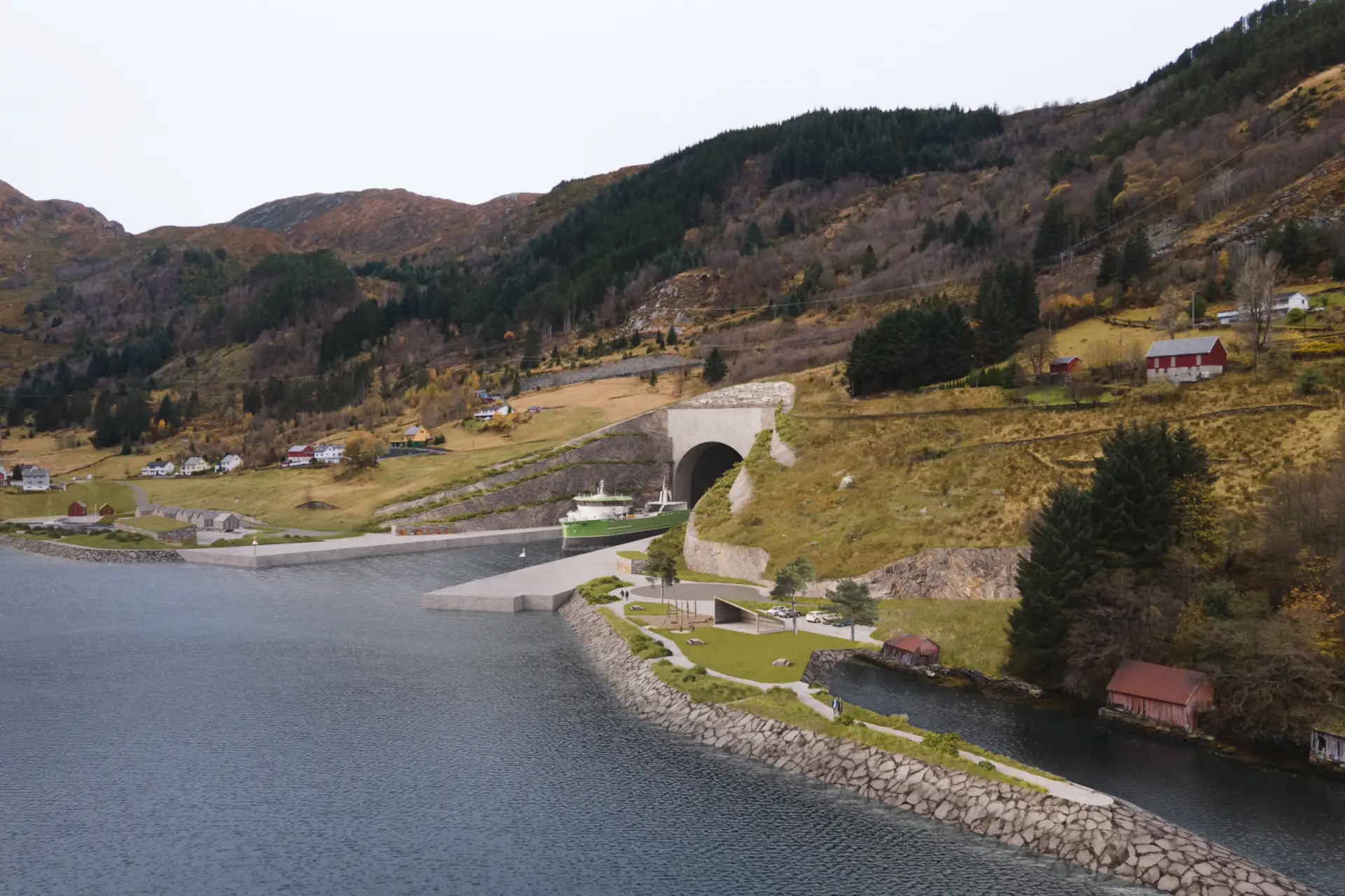 Etter politisk drakamp er det klart at Kystverket skal fullføre anbudsprosessen for skipstunnelen. Her fra tunnelåpningen i Kjøde. Kystverket/Multiconsult/Link Arkitektur