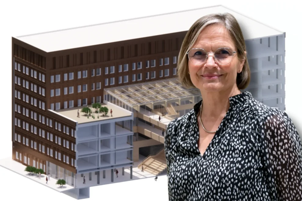 Agnes Landstad er styreleiar i Helse Vest RHF. Foto: Jorunn Busk. Helse Vest RHF/illustrasjon av hvordan E-bygget på Nye SUS vil se ut. Illustrasjon: NordicCowi Helse Stavanger / Helse Vest RHF