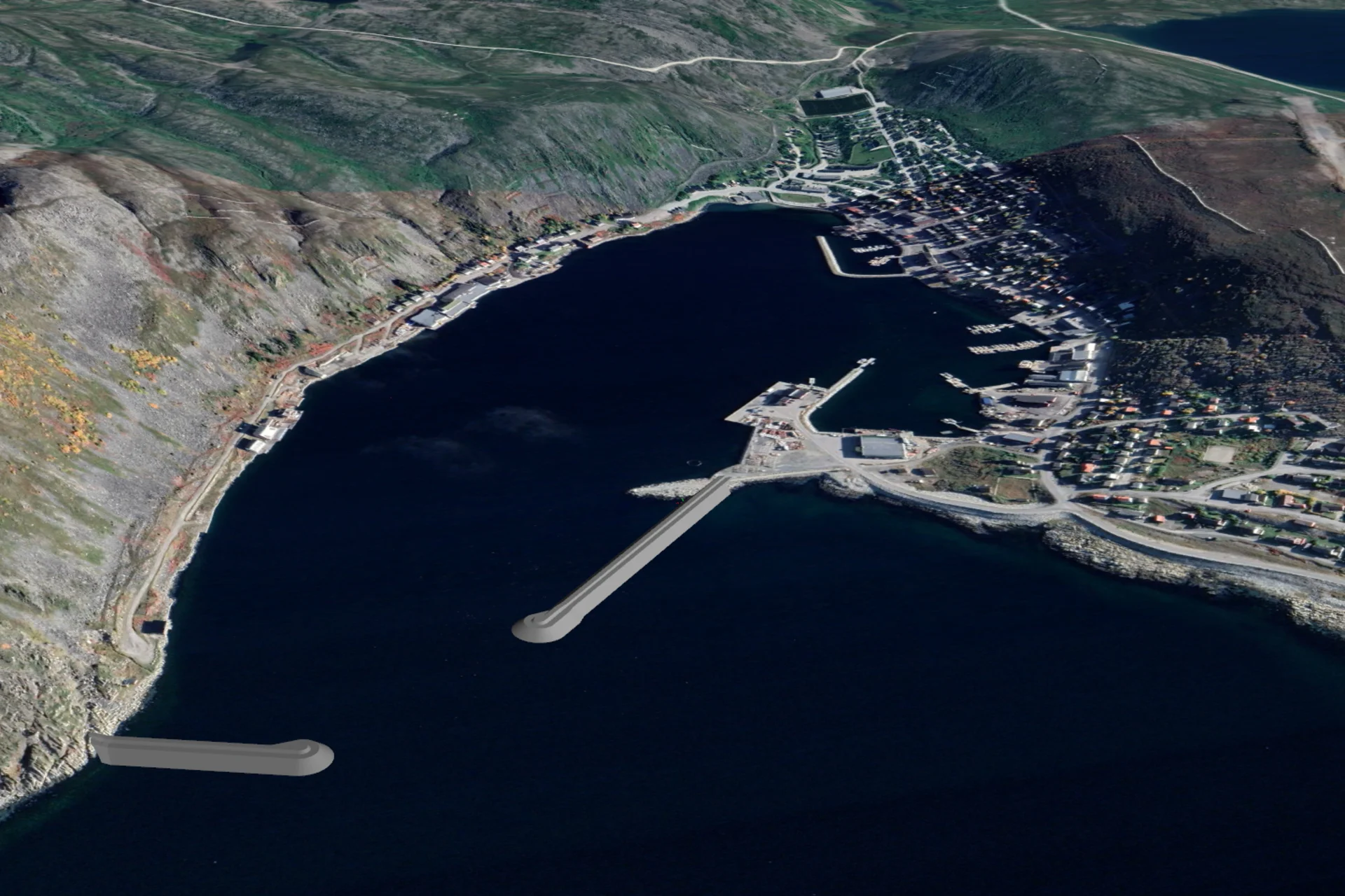 3D-visualisering av de nye moloene i prosjektet Kjøllefjord fiskerihavn. Illustrasjonsfoto: Kystverket