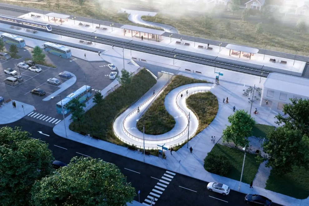 Ny mellomplattform, oppgradert sideplattform og undergang som knytter Stjørdal sentrum med Tangen. Det etableres også ny pendlerparkering. Illustrativt foto: COWI