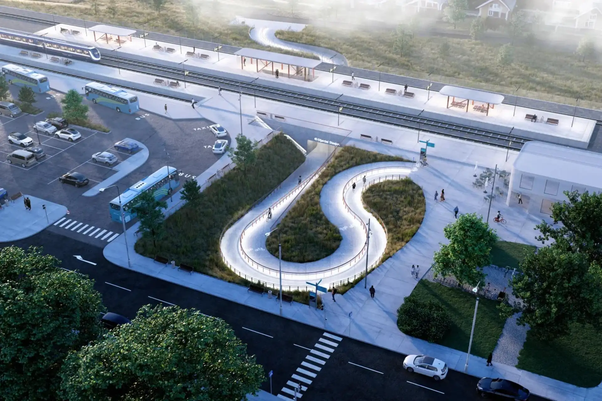 Ny mellomplattform, oppgradert sideplattform og undergang som knytter Stjørdal sentrum med Tangen. Det etableres også ny pendlerparkering. Illustrativt foto: COWI