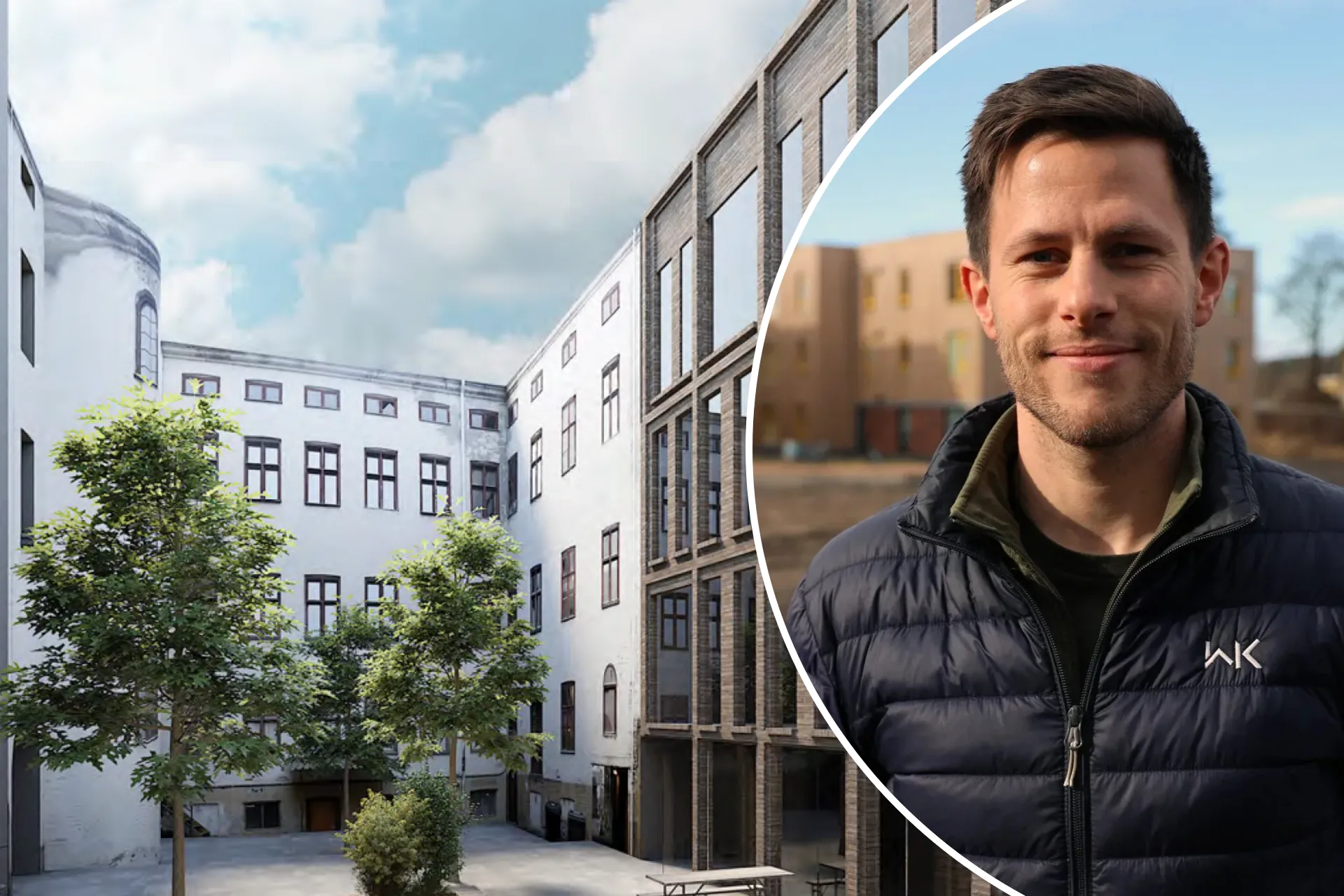 Illustrasjon av bygård samt bilde på Yngve Nergård som smiler mot kamera