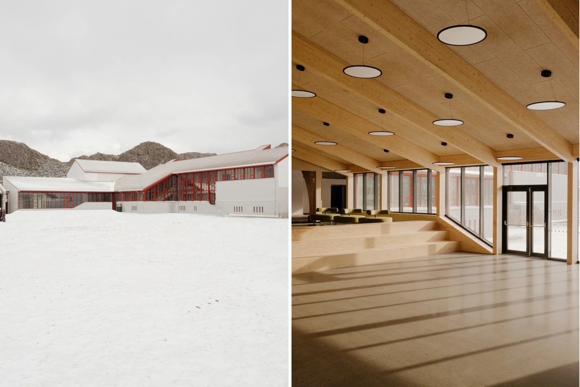 Bilde av rødt skolebygg både fra eksteriør, og trepreget interiør.