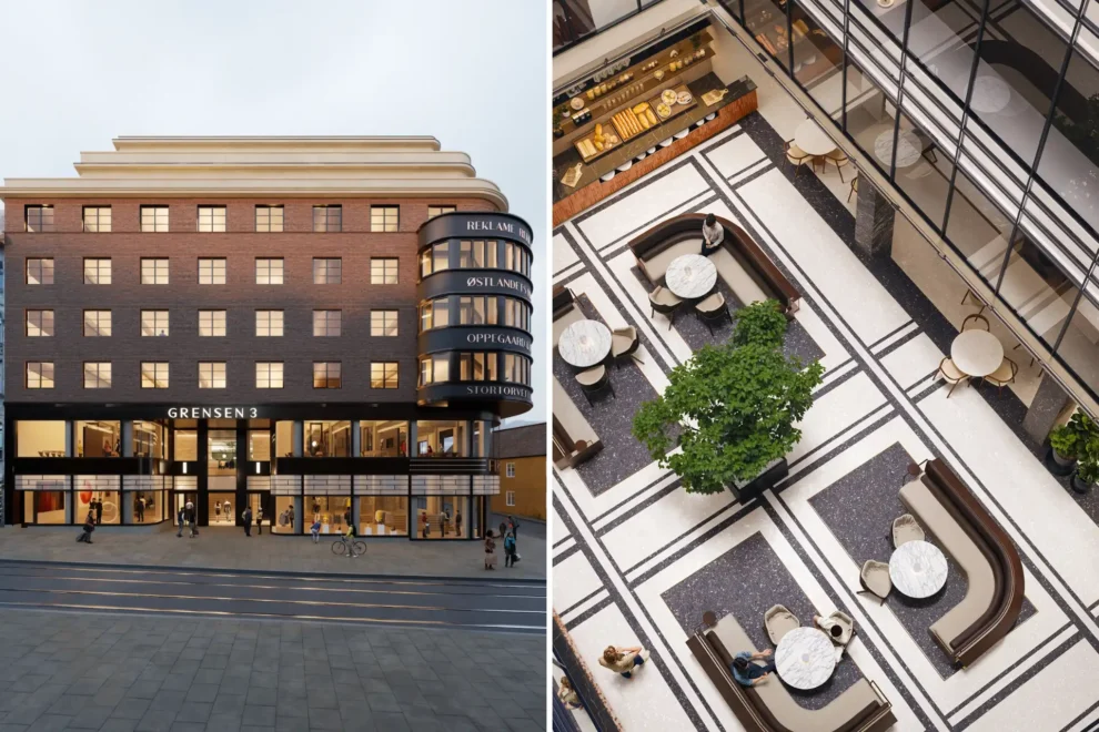 Funkisbygget fra 1930-tallet rehabiliteres til et moderne kontor- og handelsbygg med nytt atrium og ny hovedinngang. Illustrasjon: Dyrø og Moen AS Arkitekter / Illustrasjon: Rift / IARK