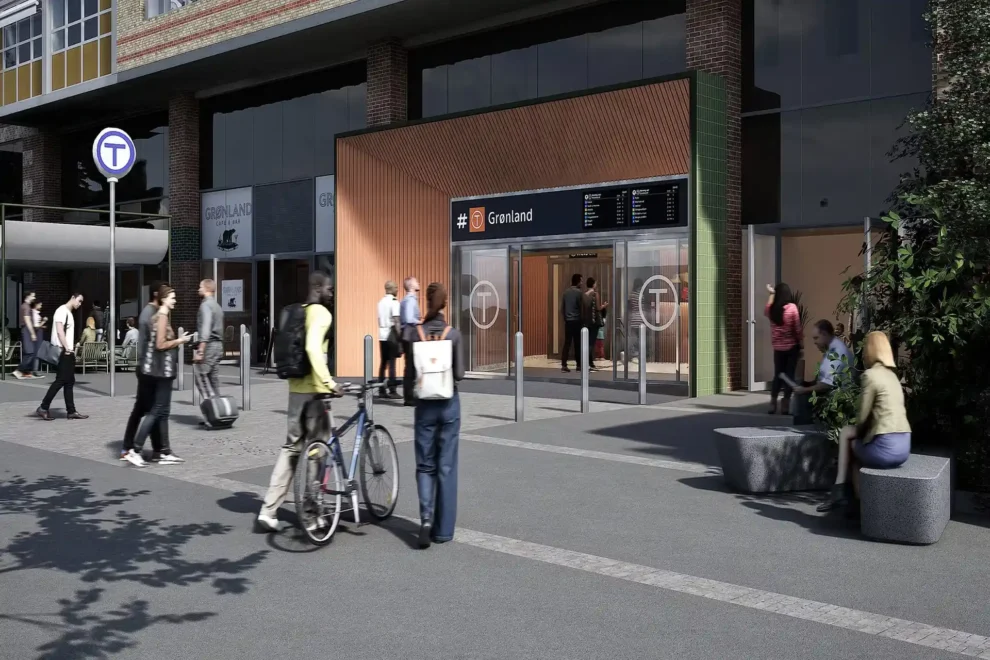 Den nye inngangen vil få direkte adkomst fra gateplan, og bidra til en positiv byutvikling av Olafiagangen og Vaterland-området. Illustrasjon: Sporveien/ SAAHA arkitekter.