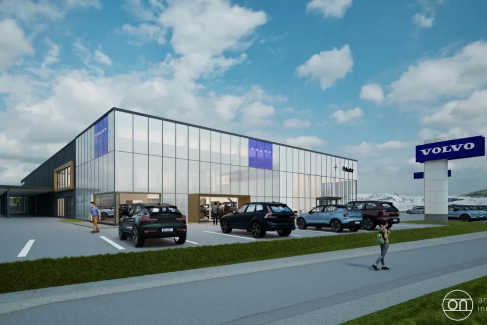 Bygget tilpasses Nardo Bils virksomhet og bilmerkene Volvo og Polestar. Illustrasjon: On arkitekter og ingeniører