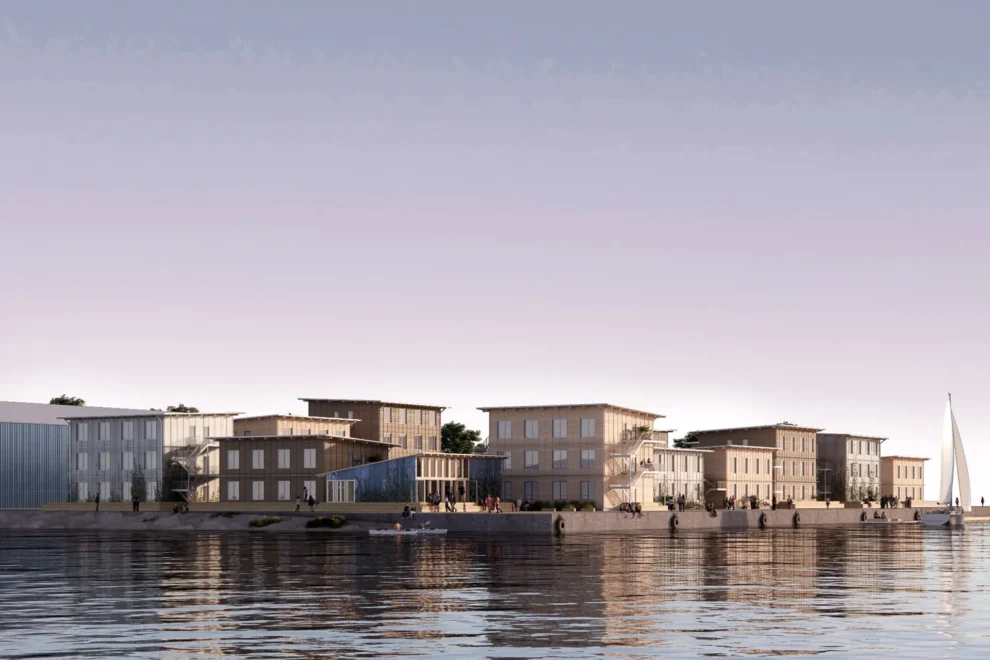 Studentbyen i Fiskerihavnen, København består av 15 bygg som er reist med norskproduserte moduler fra Moelven Byggmodul AS. Illustrasjon: CPH Village