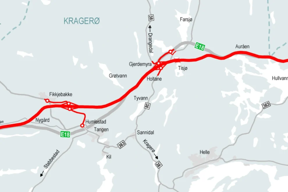 Utsnitt av kartillustrasjon for E18 Kragerø–Bamble. Illustrasjon: Nye Veier