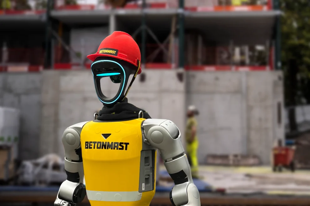Den menneskelignende roboten testes på boligprosjektet Slippen i Drammen, der Betonmast Buskerud-Vestfold bygger 164 leiligheter for Scandinavian Property Group. Foto: Neda Beyzavi
